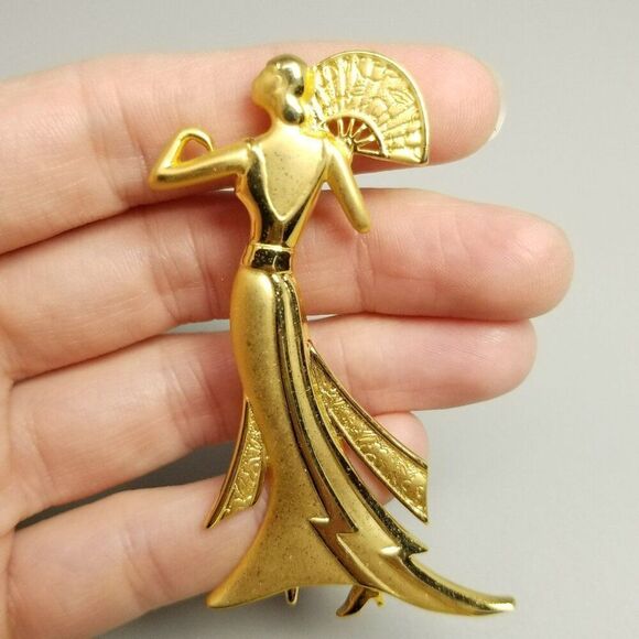 Vintage JJ Tall Elegant Woman in Dress with Fan Brooch, Matte Gold Tone, Signed - Picture 8 of 9